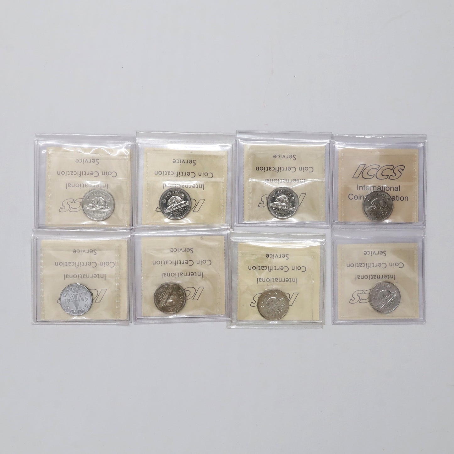 Lot of 8x 1945-2004 Canada 5-cents ICCS Certified EF40 to MS66, 8pcs