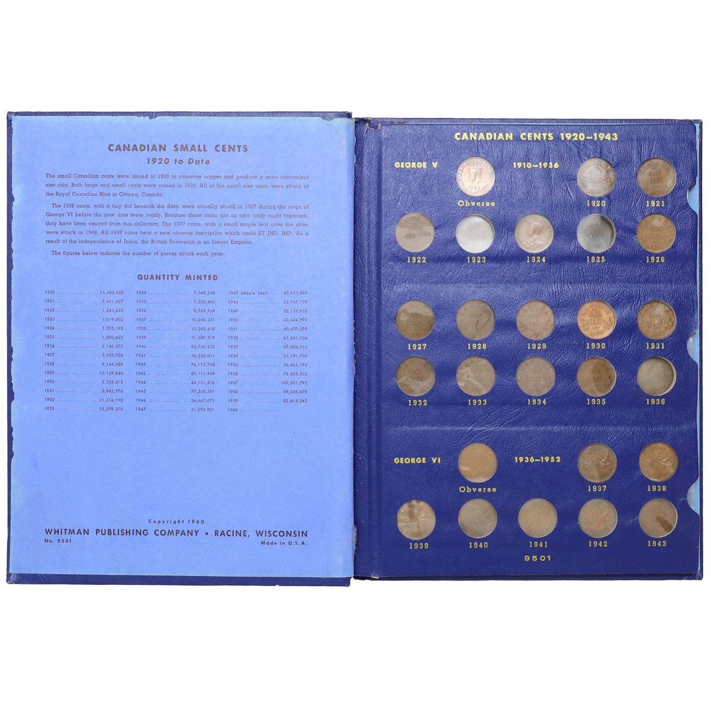 Estate Lot of 51x 1920-1964 Canada 1-cents in Whitman Album