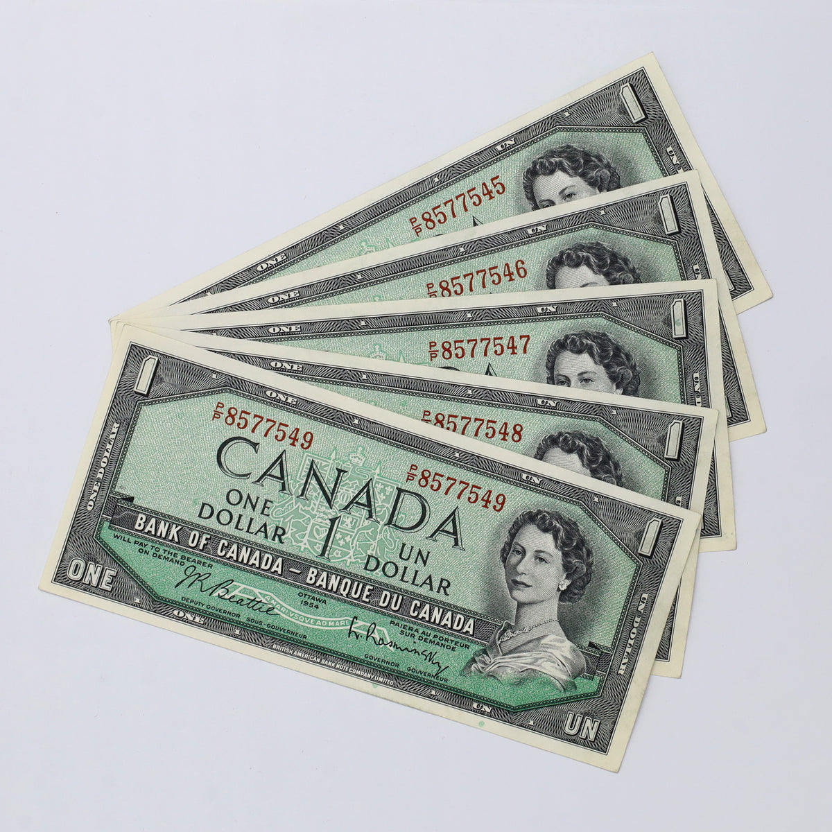 Lot of 5x Sequential 1954 Canada $1 Beattie-Rasminsky, P/P, 5pcs