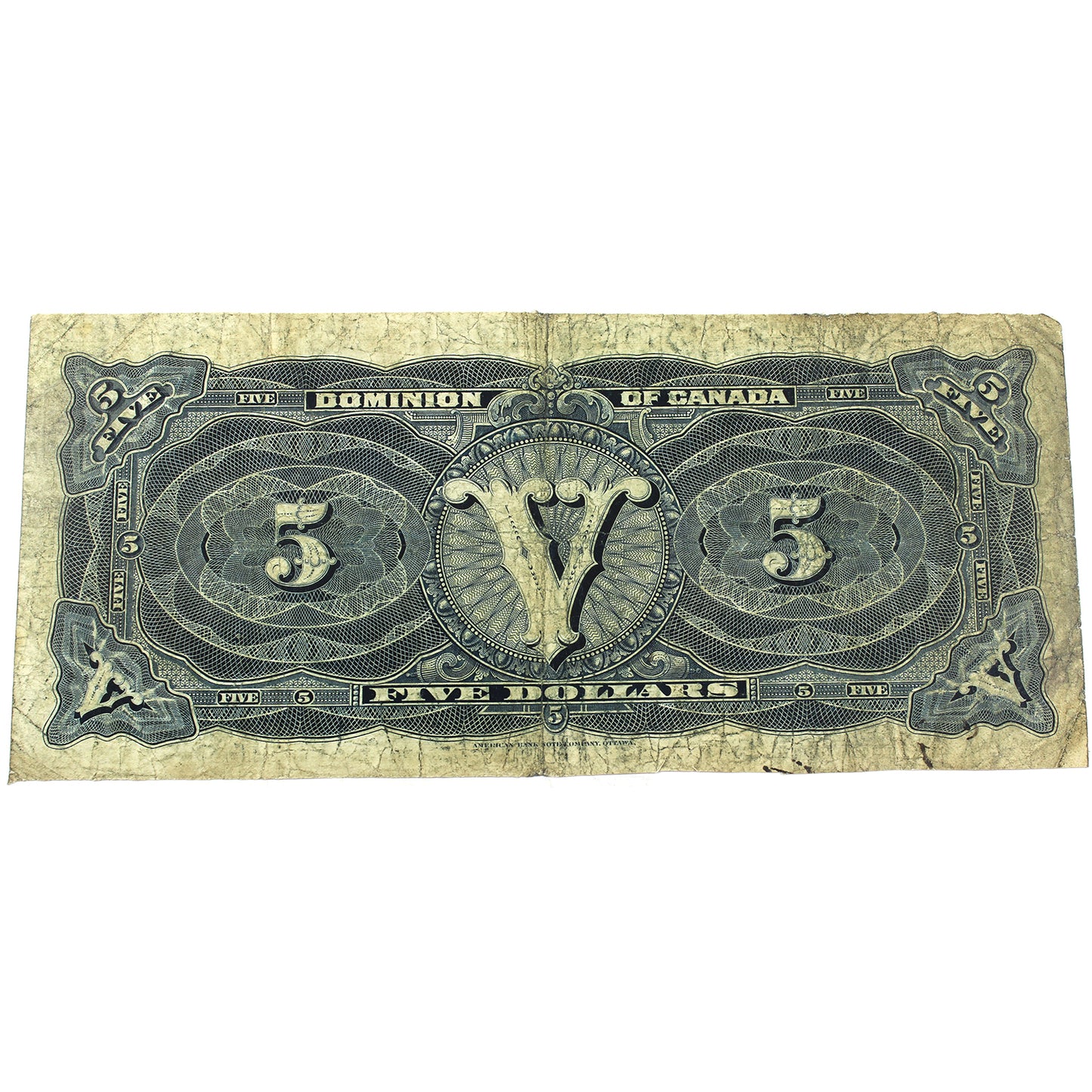 DC-21a 1912 Dominion of Canada $5 Boville, No Seal, F-VF (F15) Trim