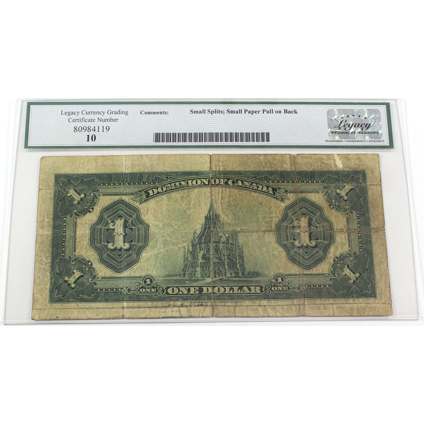 DC-25k 1923C Dominion $1 McCavour, Purple Seal, Group 1, Legacy Cert. VG10 (Minor Damage)