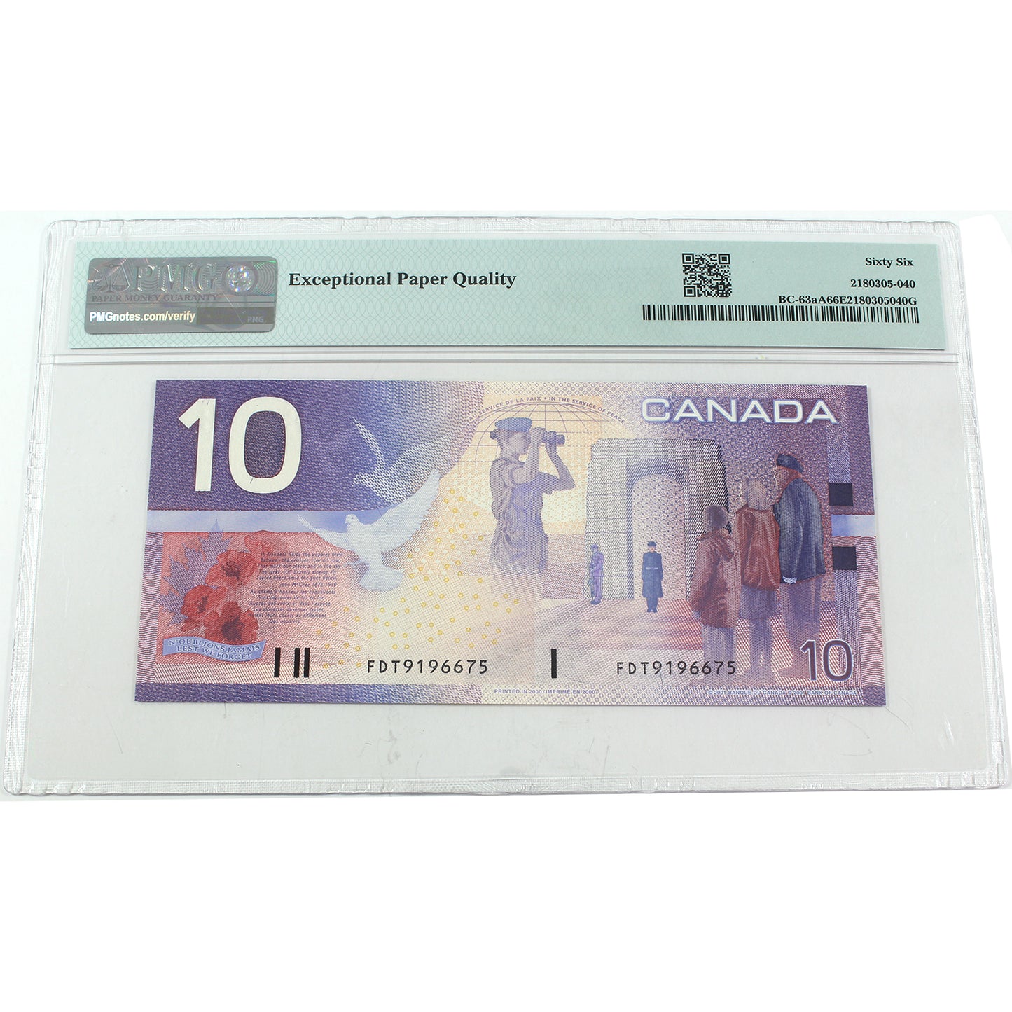 BC-63aA 2000 Canada $10 Knight-Thiessen Replacement, FDT, PMG Certified GUNC66 (DOP)