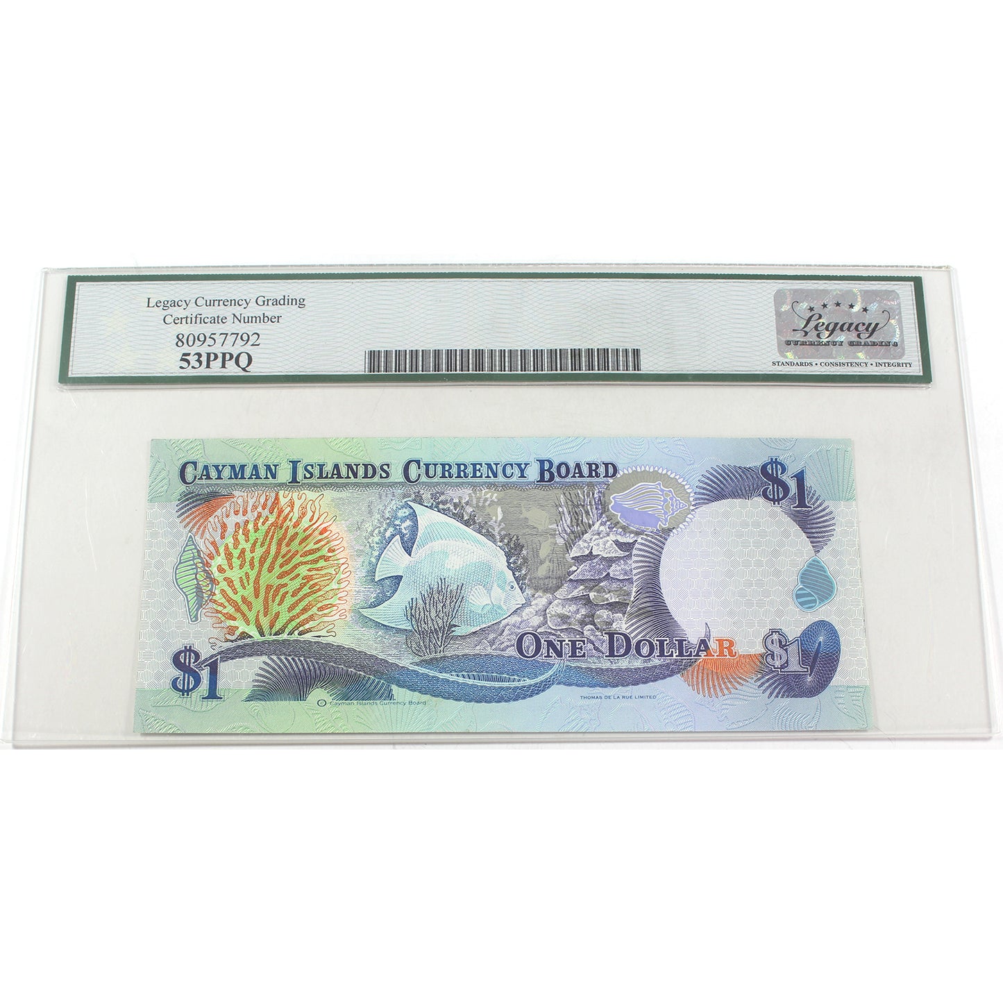 Cayman Islands 1996 1 Dollar Note, Pick #16a, Legacy Certified AU53 PPQ (DOP)