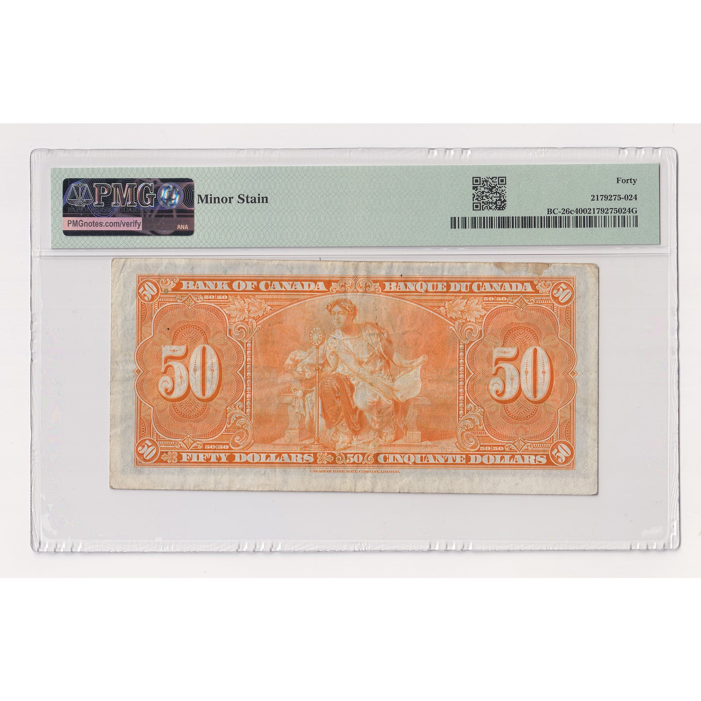 BC-26c 1937 Canada $50 Coyne-Towers, B/H, PMG Certified EF40 (Minor Stain)