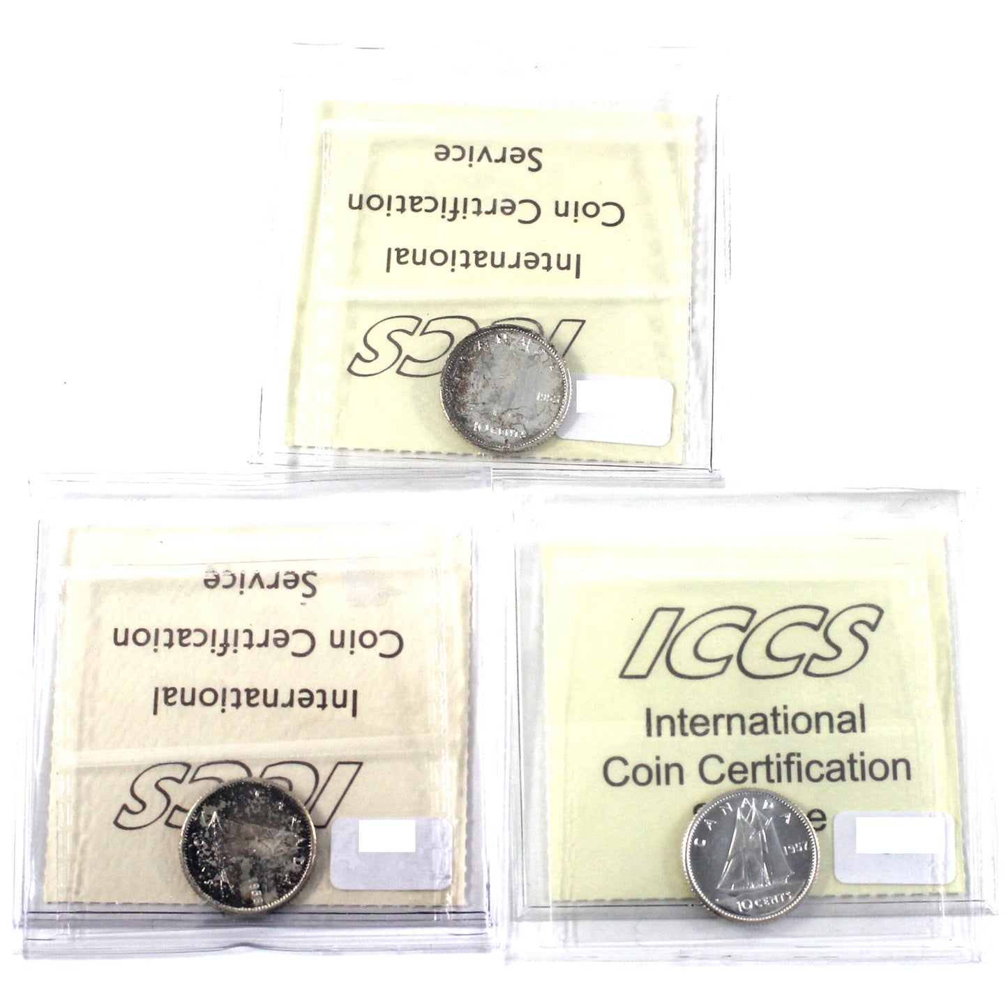 Lot of 3x Canada 10-cents ICCS Certified PL-66 - 1955, 1956 Cameo & 1957 (3pcs)