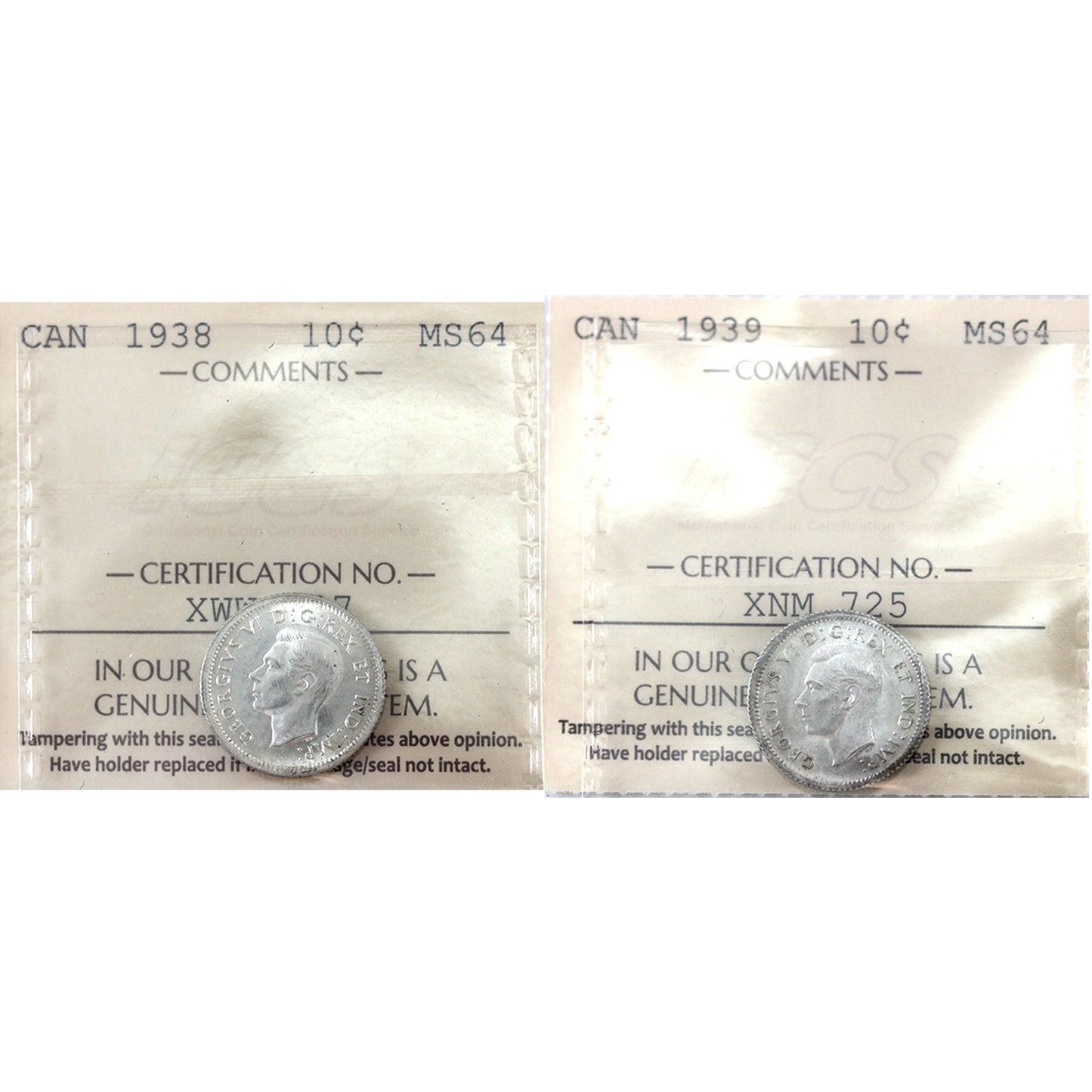 Pair of 1938 & 1939 Canada 10-cents ICCS Certified MS64 (2pcs)