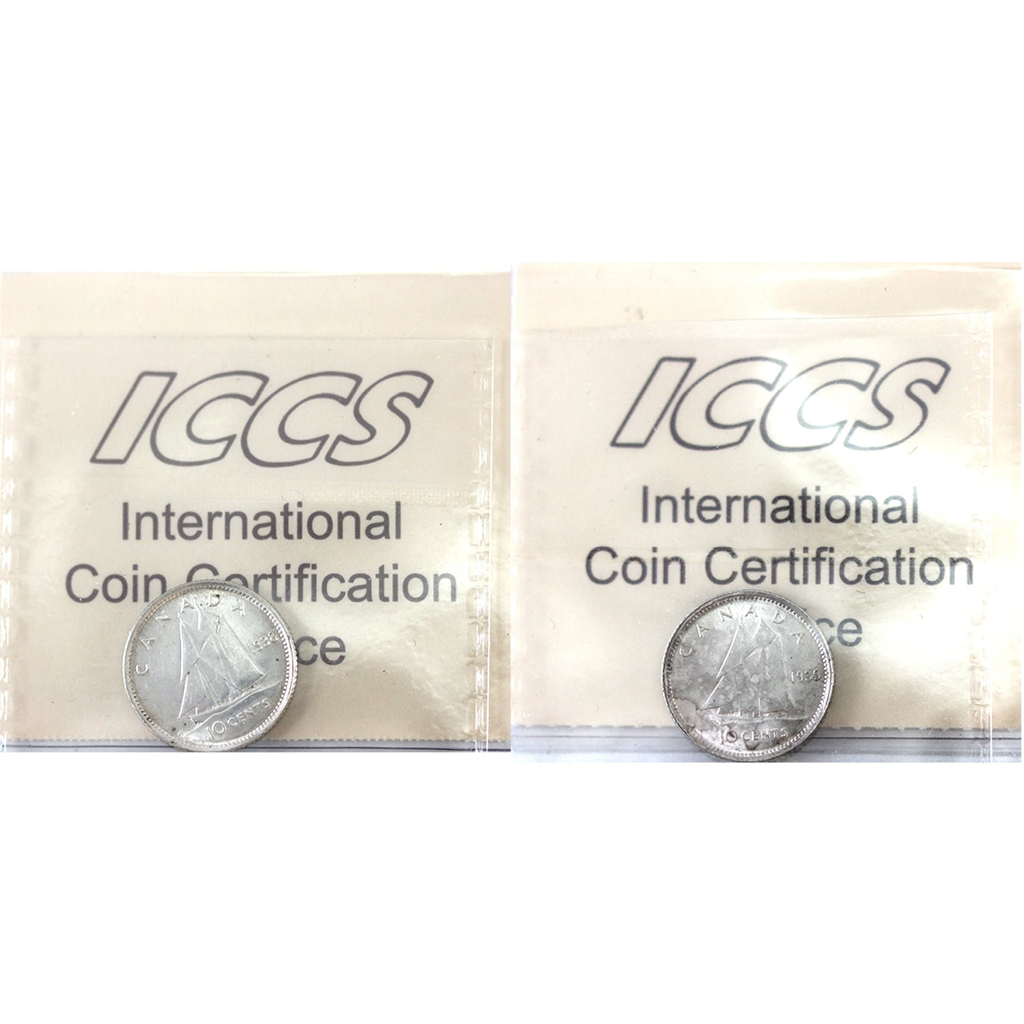Pair of 1938 & 1939 Canada 10-cents ICCS Certified MS64 (2pcs)