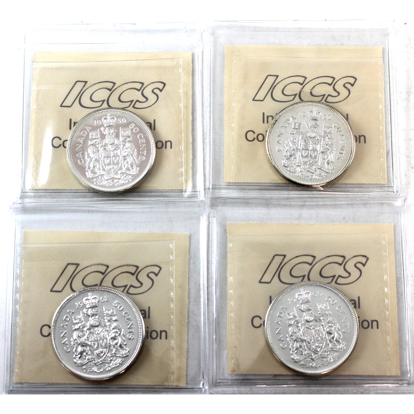 Lot of 4x Canada 50-cents ICCS Certified PL66 HC - 1959, 1960, 1962 & 1965 (4pcs)
