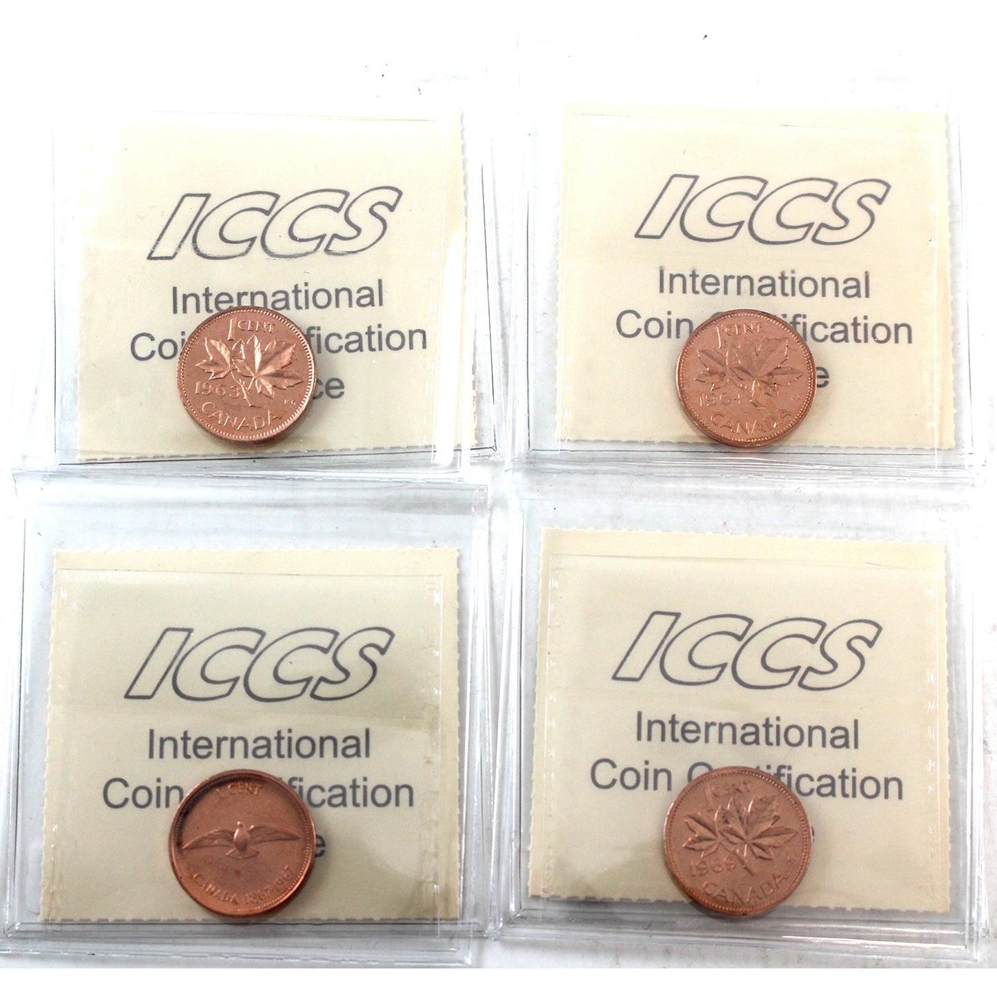 Group Lot of 1963, 1964, 1967 & 1969 Canada 1-cents ICCS Certified PL66 UHC, Red, 4pcs