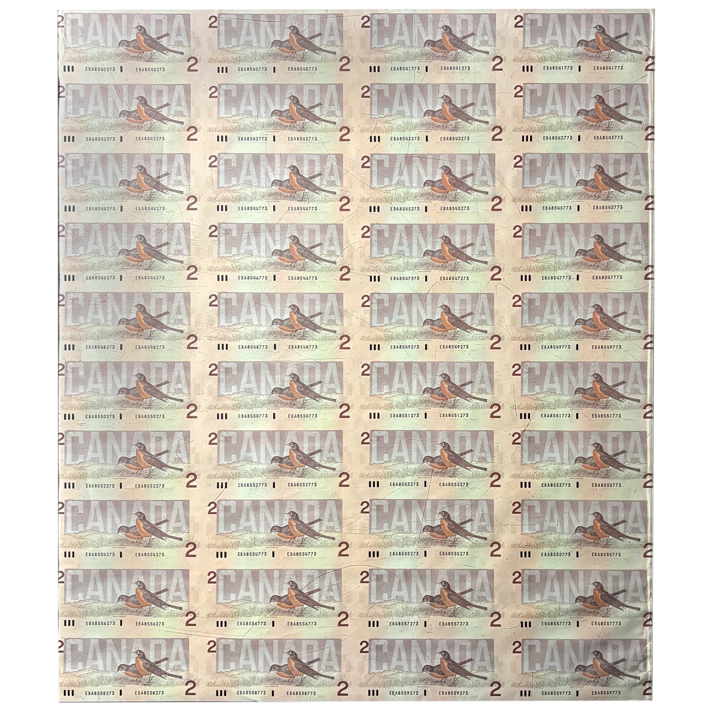 1986 Canada $2 EBA Prefix Uncut Sheet of 40 Notes - 4x10 Format (Ruffled ends)