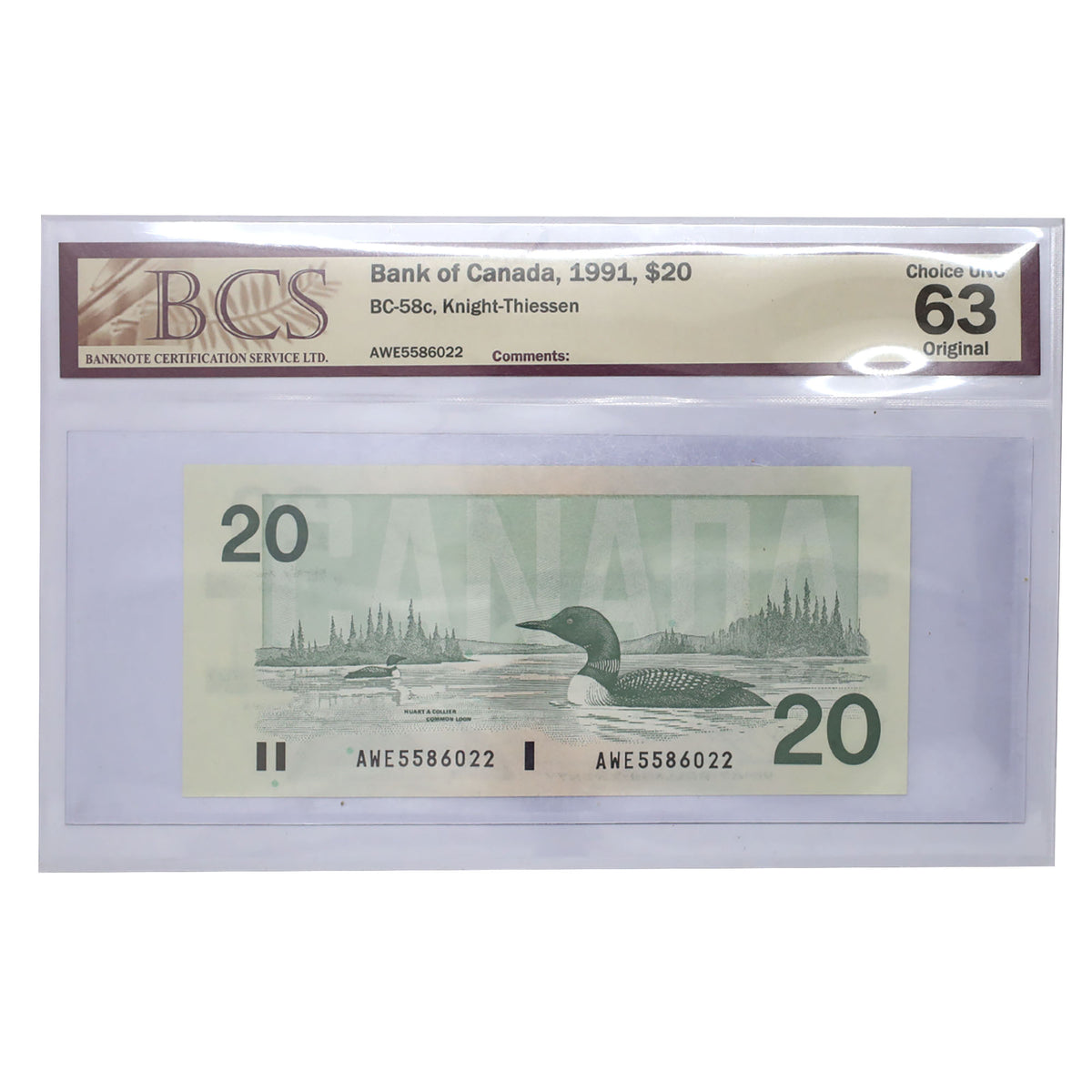 BC-58c 1991 Canada $20 Knight-Thiessen, AWE, BCS Certified CUNC63