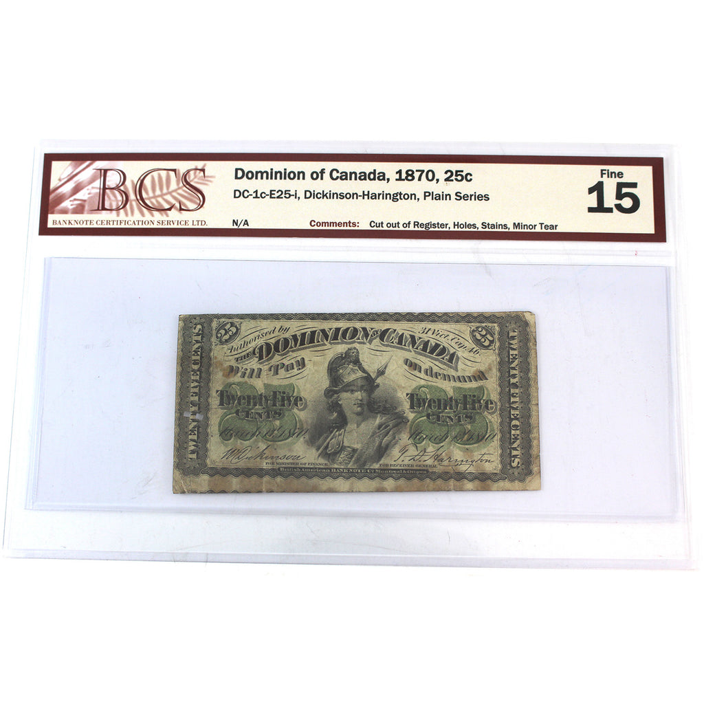 ERROR Cut out of Register DC-1c-E25-i 1870 Dominion 25-cent D-H, Plain, BCS Cert. F15 (dam'g)