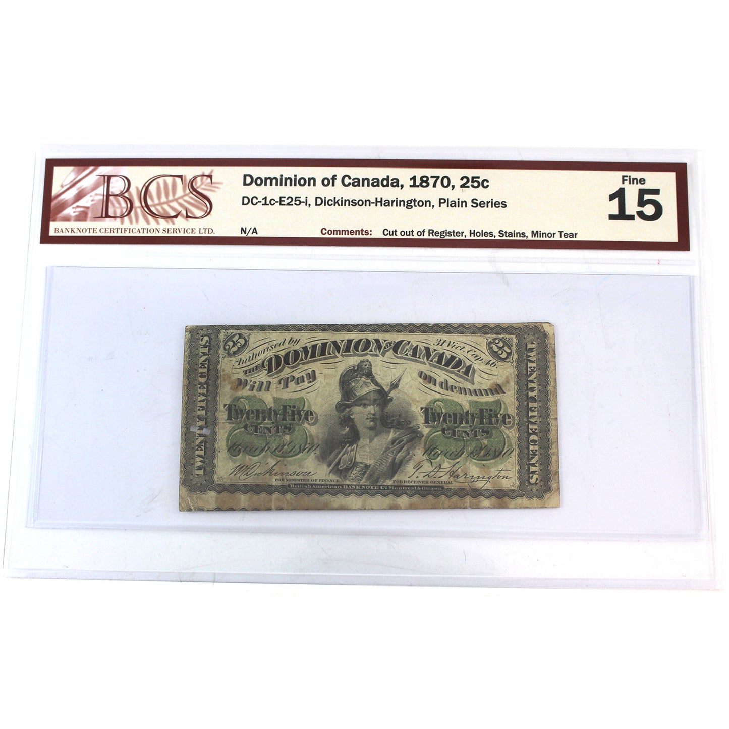 ERROR Cut out of Register DC-1c-E25-i 1870 Dominion 25-cent D-H, Plain, BCS Cert. F15 (dam'g)