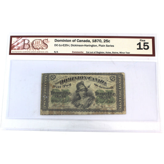 ERROR Cut out of Register DC-1c-E25-i 1870 Dominion 25-cent D-H, Plain, BCS Cert. F15 (dam'g)