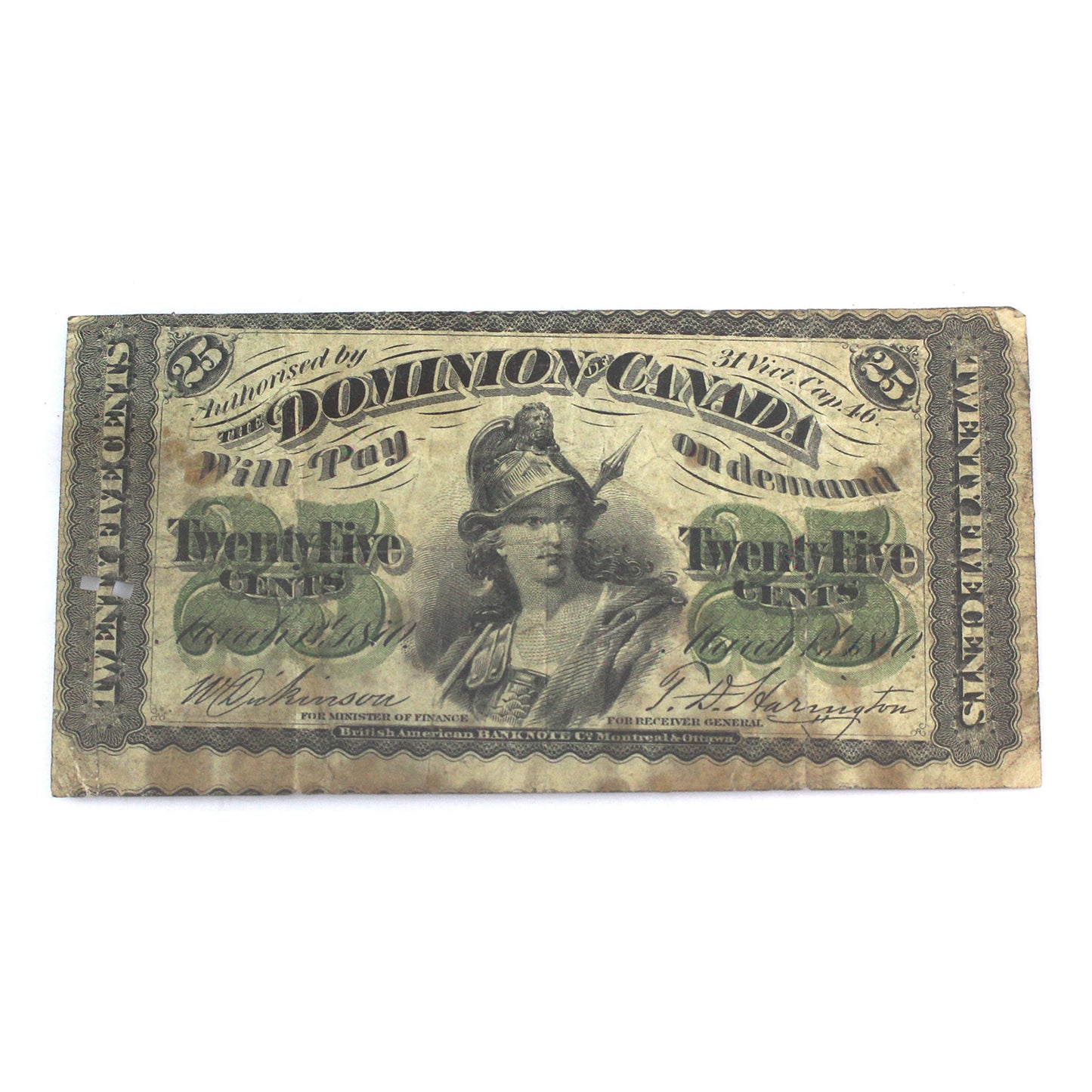 ERROR Cut out of Register DC-1c-E25-i 1870 Dominion 25-cent D-H, Plain, BCS Cert. F15 (dam'g)