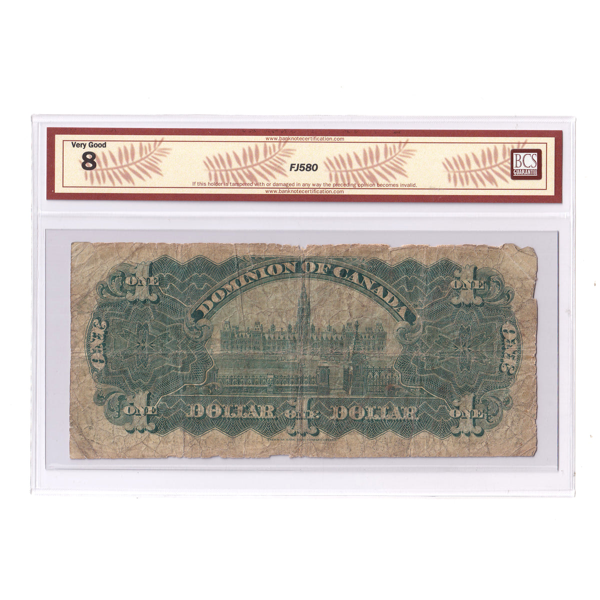 DC-18b 1911 Dominion $1 Various-Boville, Green Line, F, A, BCS Cert. VG8 (holes, tears)