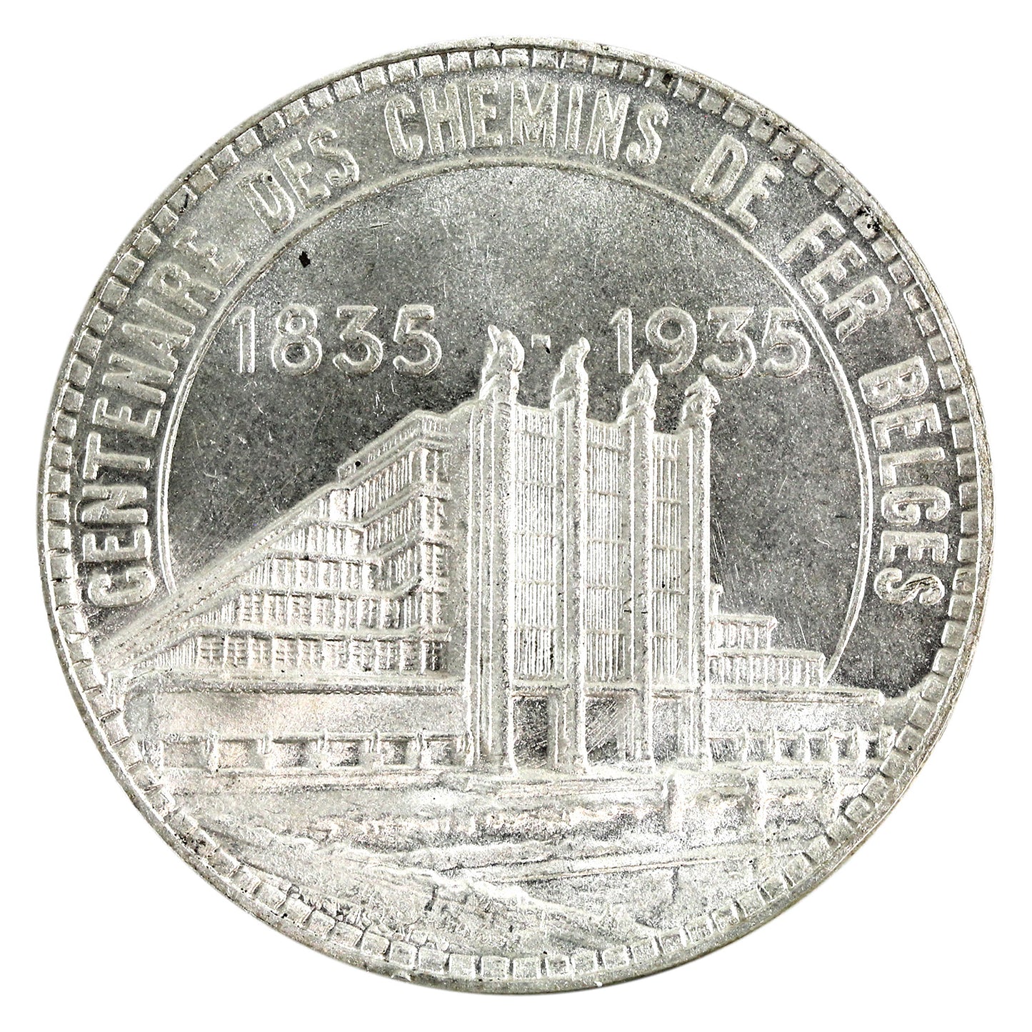 Belgium 1935 Railway Centennial, French 50 Francs Brilliant Uncirculated (MS63) $