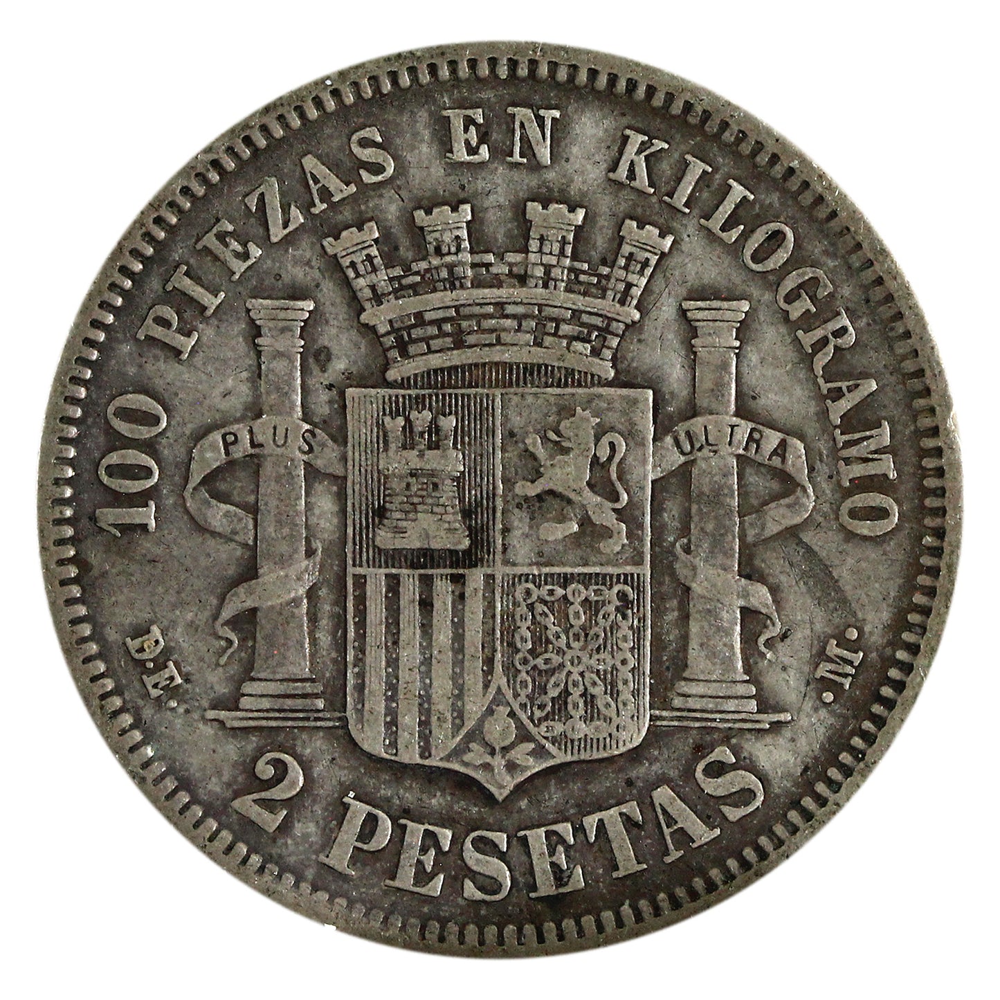 Spain 1870DE M (74) 2 Pesetas VF-EF (VF-30) $