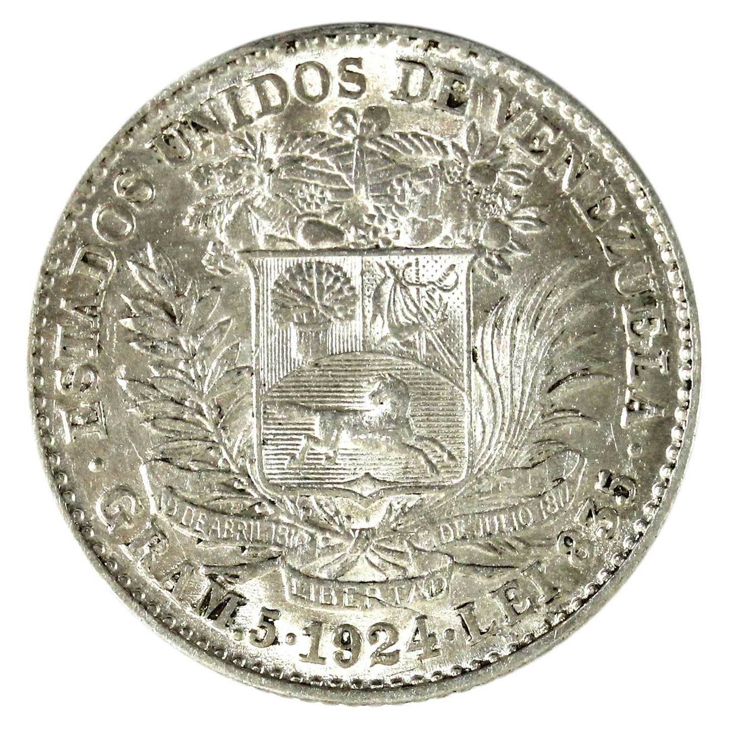 Venezuela 1924 Bolivar Almost Uncirculated (AU-50) $