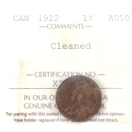 1922 Canada 1-cent ICCS Certified AU50 (Cleaned)