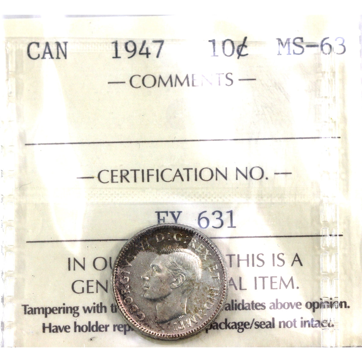 1947 Canada 10-cents ICCS Certified MS-63