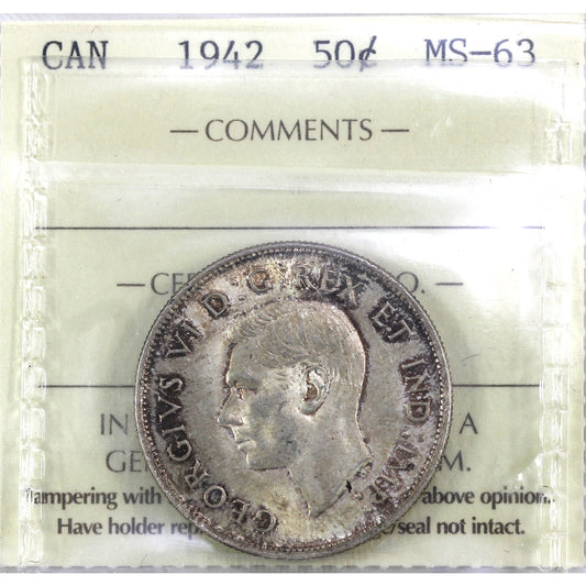1942 Canada 50-cents ICCS Certified MS63