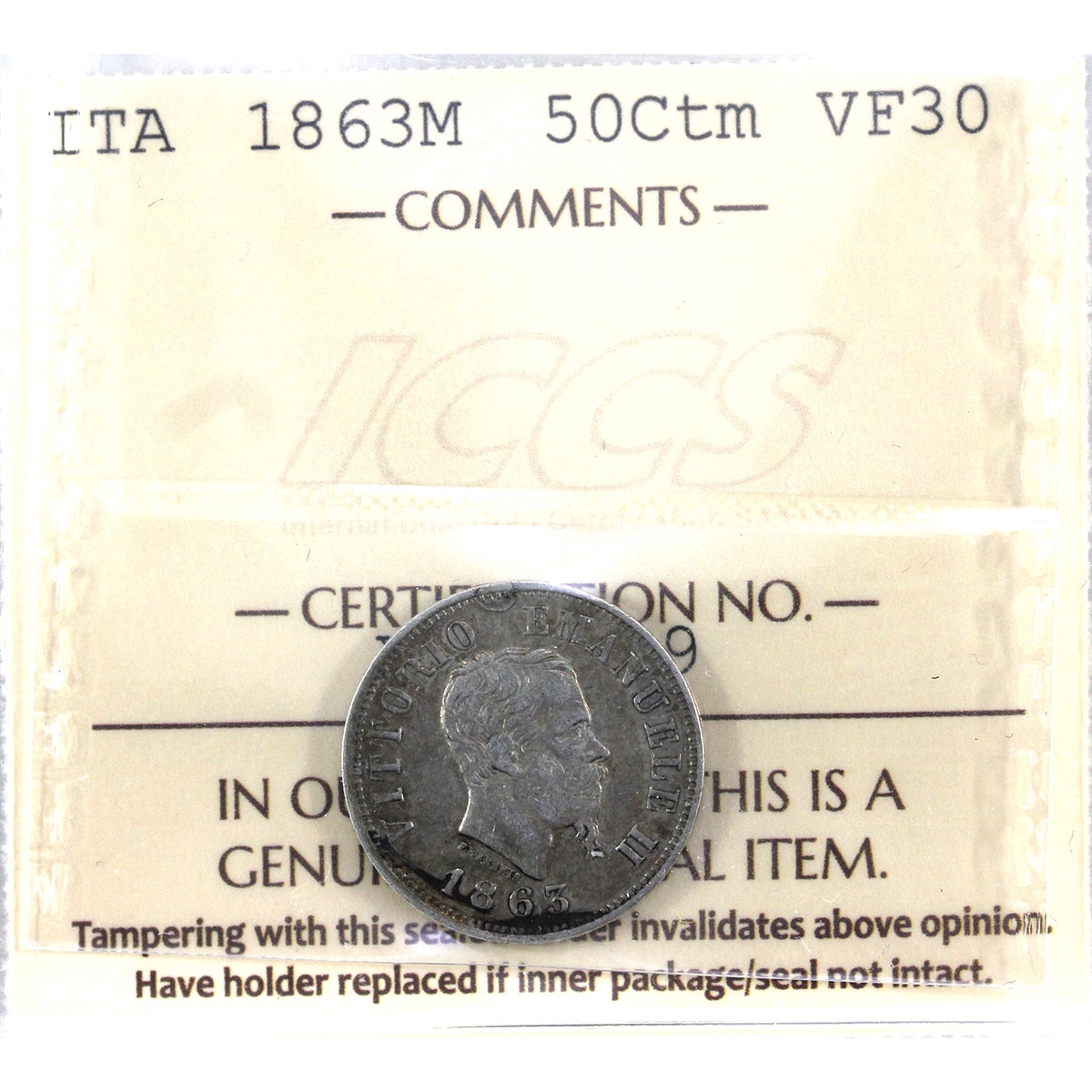 Italy 1863M 50 Centesimi ICCS Certified VF-30