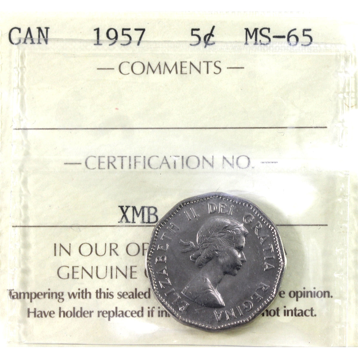 1957 Canada 5-cents ICCS Certified MS-65