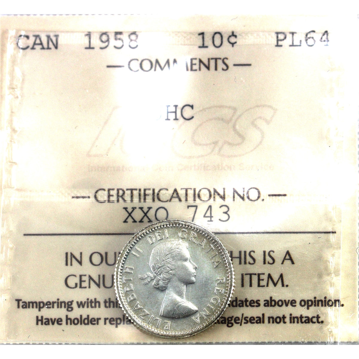 1958 Canada 10-cents ICCS Certified PL-64 Ultra Heavy Cameo