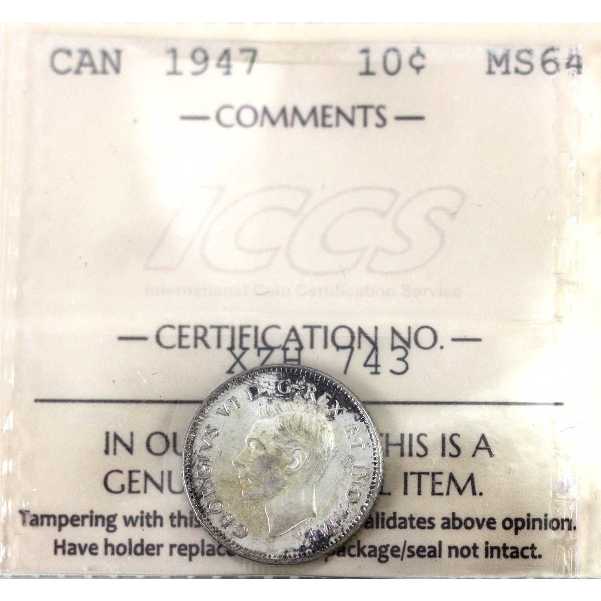 1947 Canada 10-cents ICCS Certified MS-64