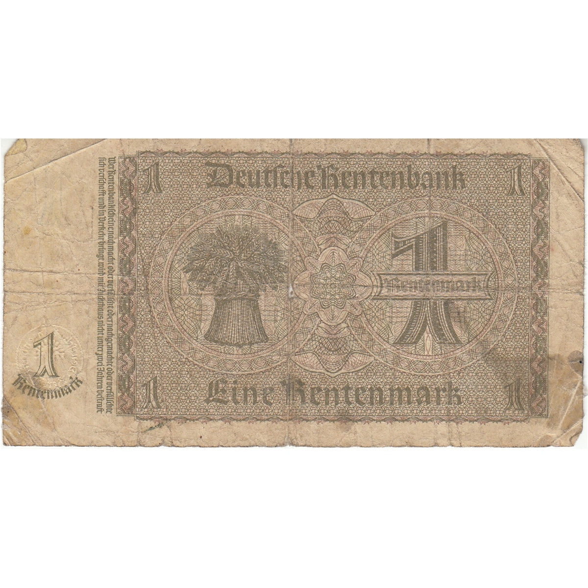Germany Note 1937 1 Rentenmark 7 Digit, VG (damaged)