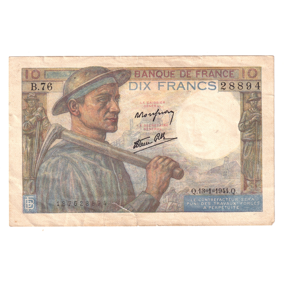 France Note Pick #99e 1944 10 Francs, Almost Uncirculated (AU50) Tears