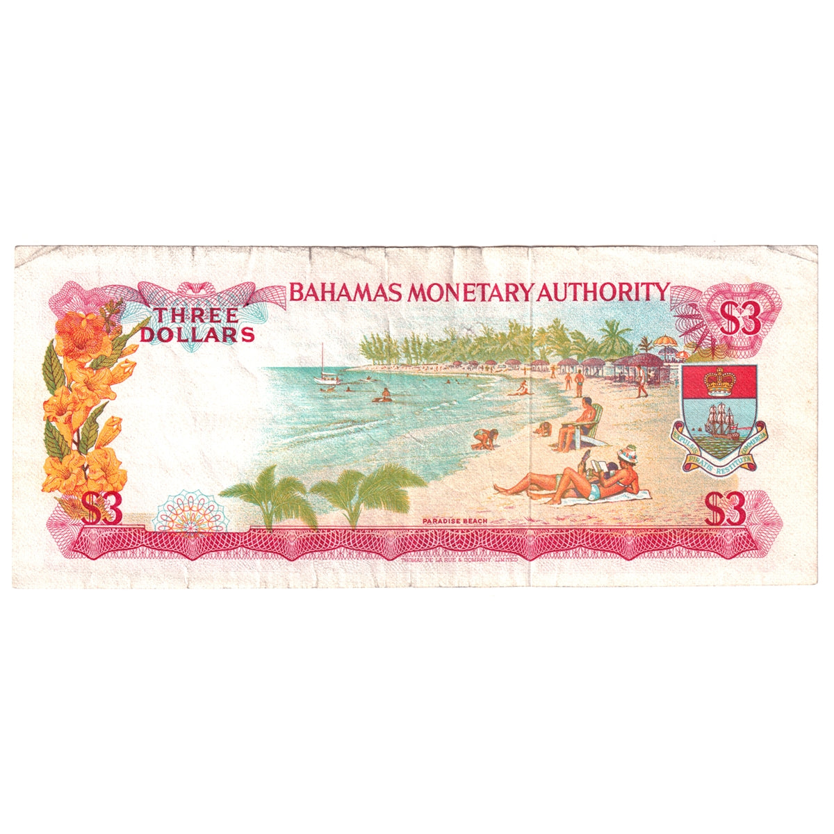 Bahamas Note, Pick #28a 1968 3 Dollars, Extra Fine (EF40) Tears