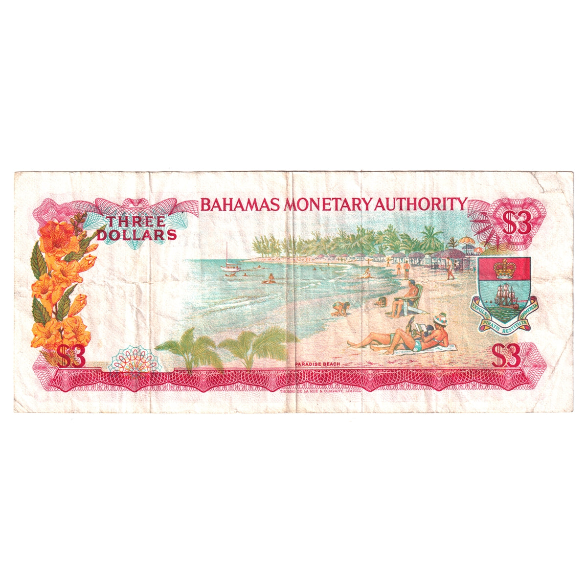 Bahamas Note, Pick #28a 1968 3 Dollars, Very Fine (VF20) Tear