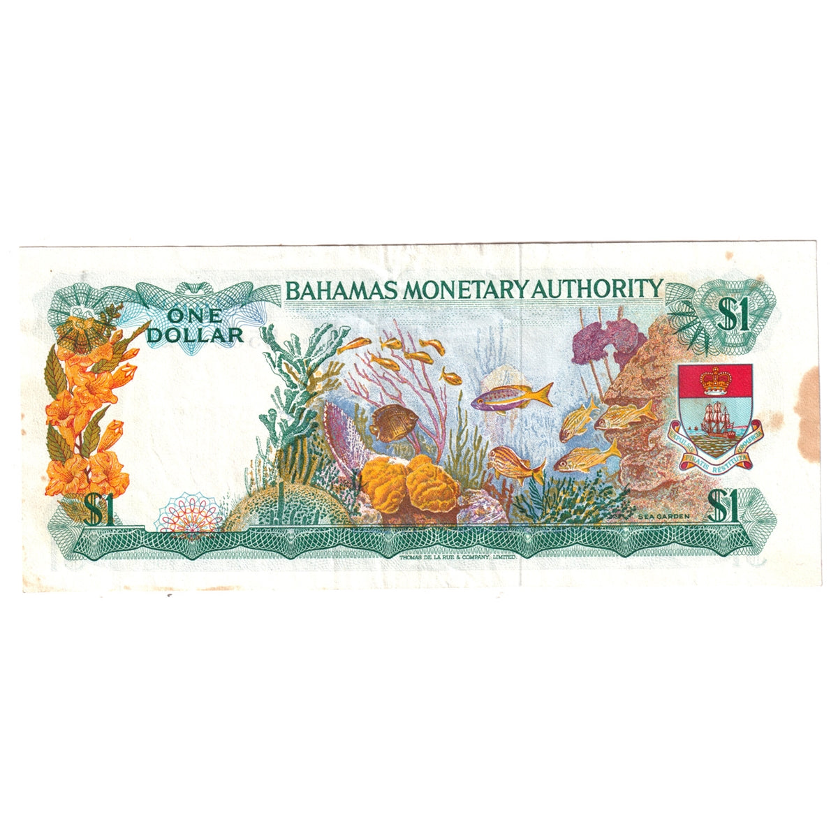 Bahamas Note, Pick #27a 1968 1 Dollar, Almost Uncirculated (AU50) Stain