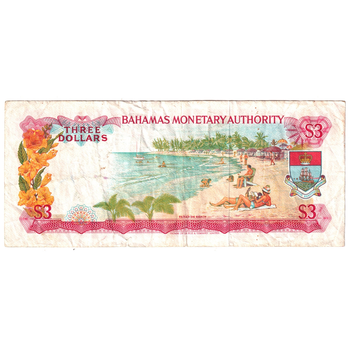 Bahamas Note, Pick #28a 1968 3 Dollars, Very Fine (VF20) Damaged