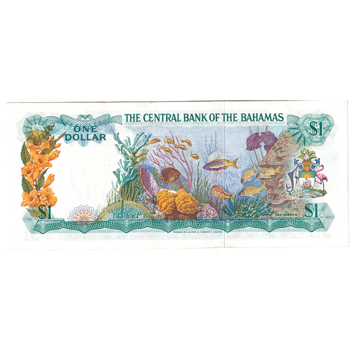 Bahamas Note, Pick #35a 1974 1 Dollar, Donaldson, AU-UNC (AU55) Stain