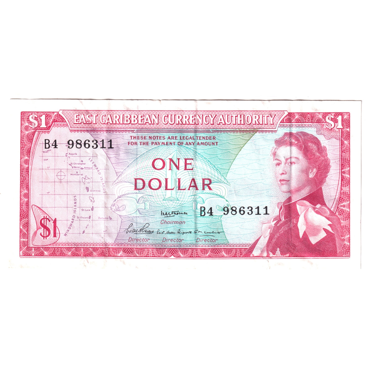 East Caribbean States Note, Pick #13a 1965 1 Dollar, Signature 2, VF-EF (VF-30) Tears