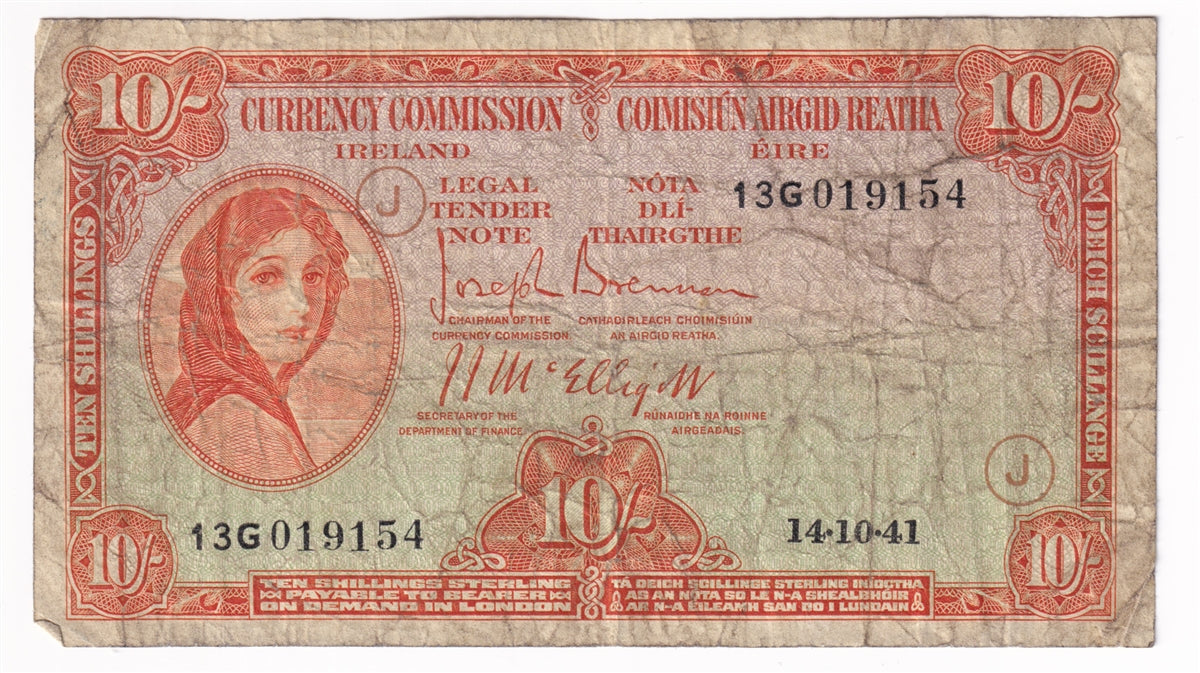Ireland Note 1940-41 10 Shillings, F (holes)