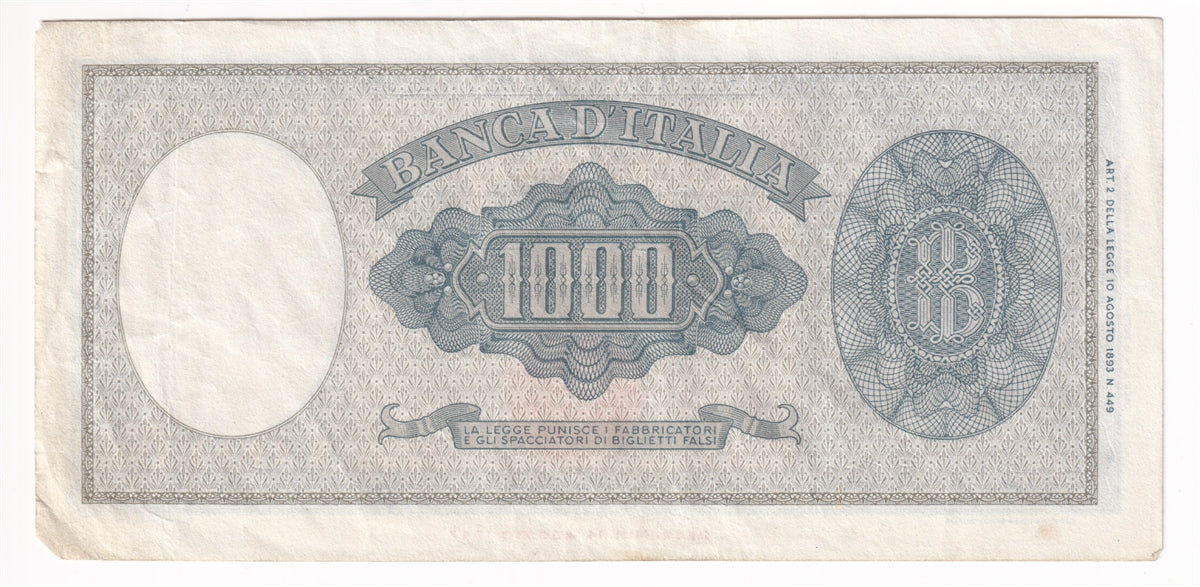 Italy Note 1959 1000 Lire, AU (stain)