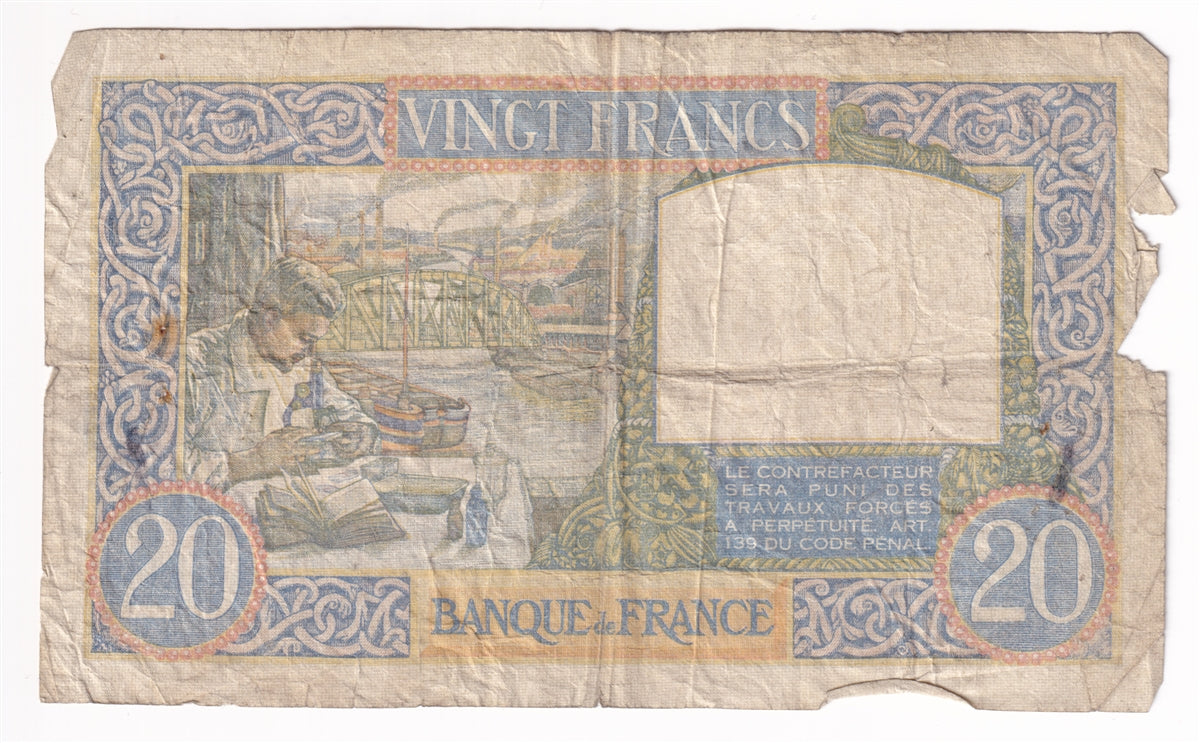 France Note 1940 20 Francs, F (damage)