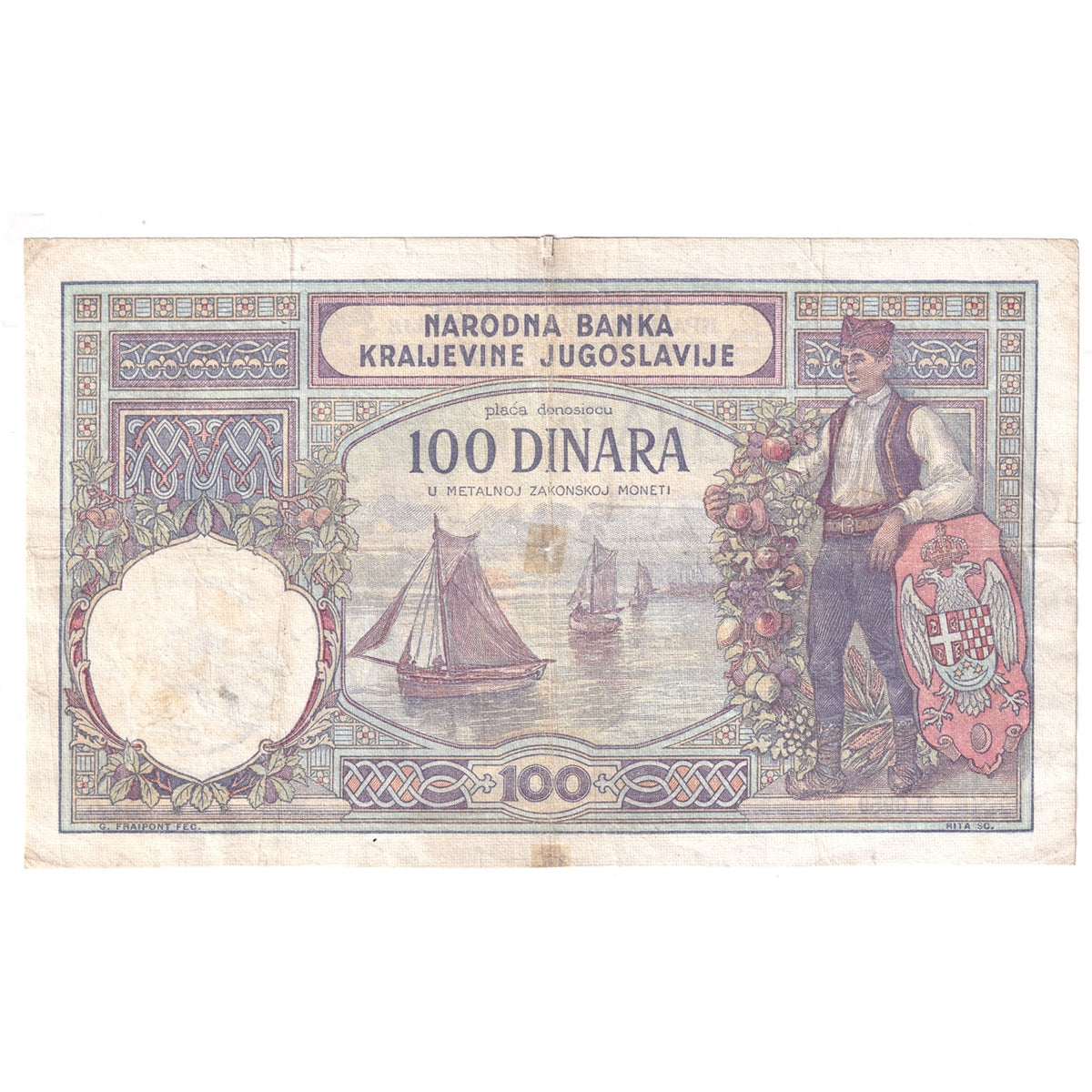 Yugoslavia Note 1929 100 Dinara, Large W.M. F (dam'g)