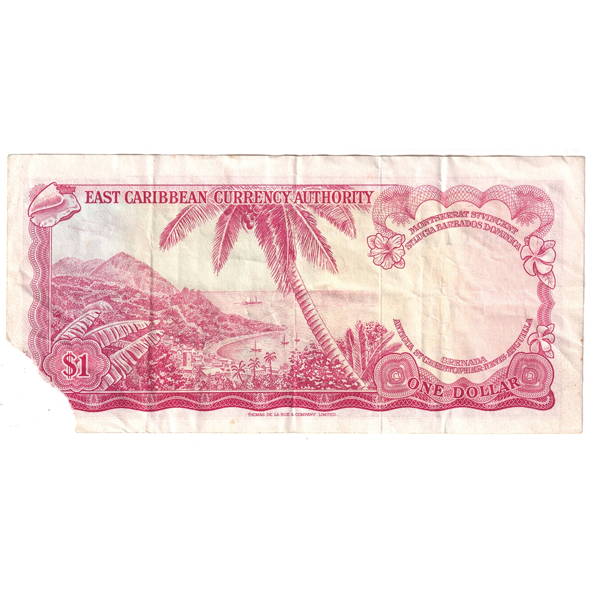 East Caribbean States 1965 Pick #13d 1 Dollar Sign 6 VF (damaged)