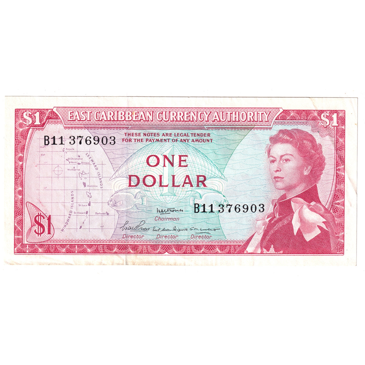 East Caribbean States Note, 1965 1 Dollar, Signature 2, Pick #13a, AU