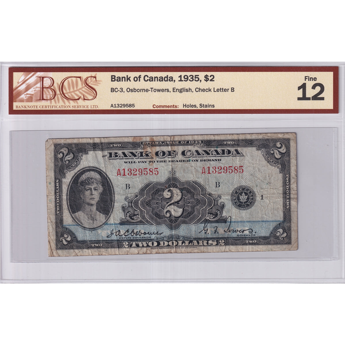 BC-3 1935 Canada $2 Osborne-Towers, English, B, BCS Certified F12 (Holes, Stains)