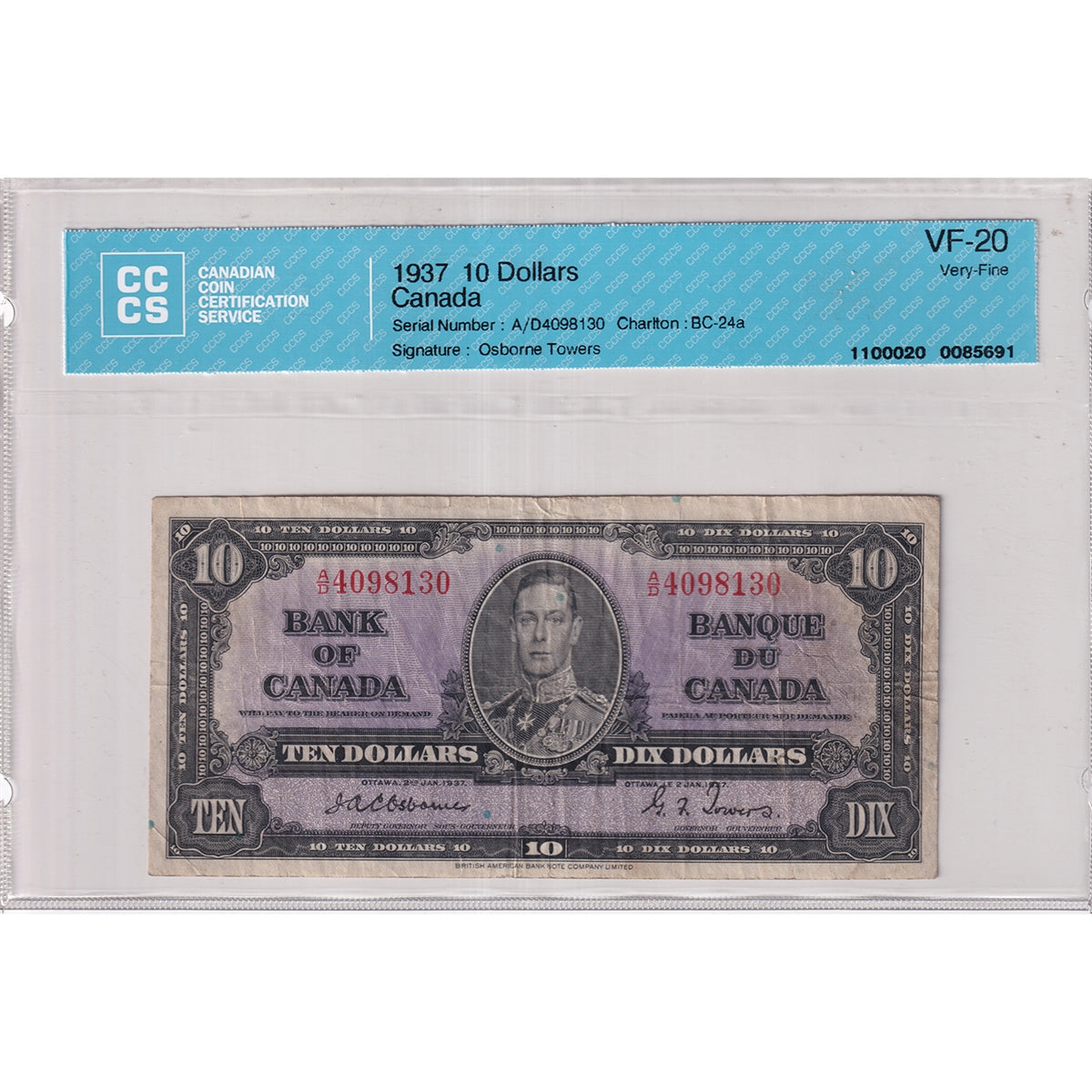BC-24a 1937 Canada $10 Osborne-Towers, A/D, CCCS Certified VF-20