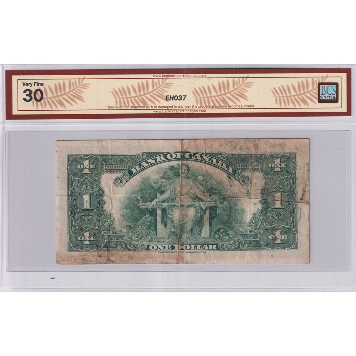 BC-1 1935 Canada $1 Osborne-Towers, English, B, BCS Certified VF30 (Holes, Soiling)