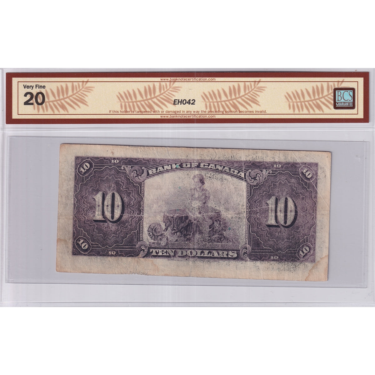 BC-7 1935 Canada $10 O-T, English, BCS Certified VF20 (Minor Tears, Stains, Soiling)