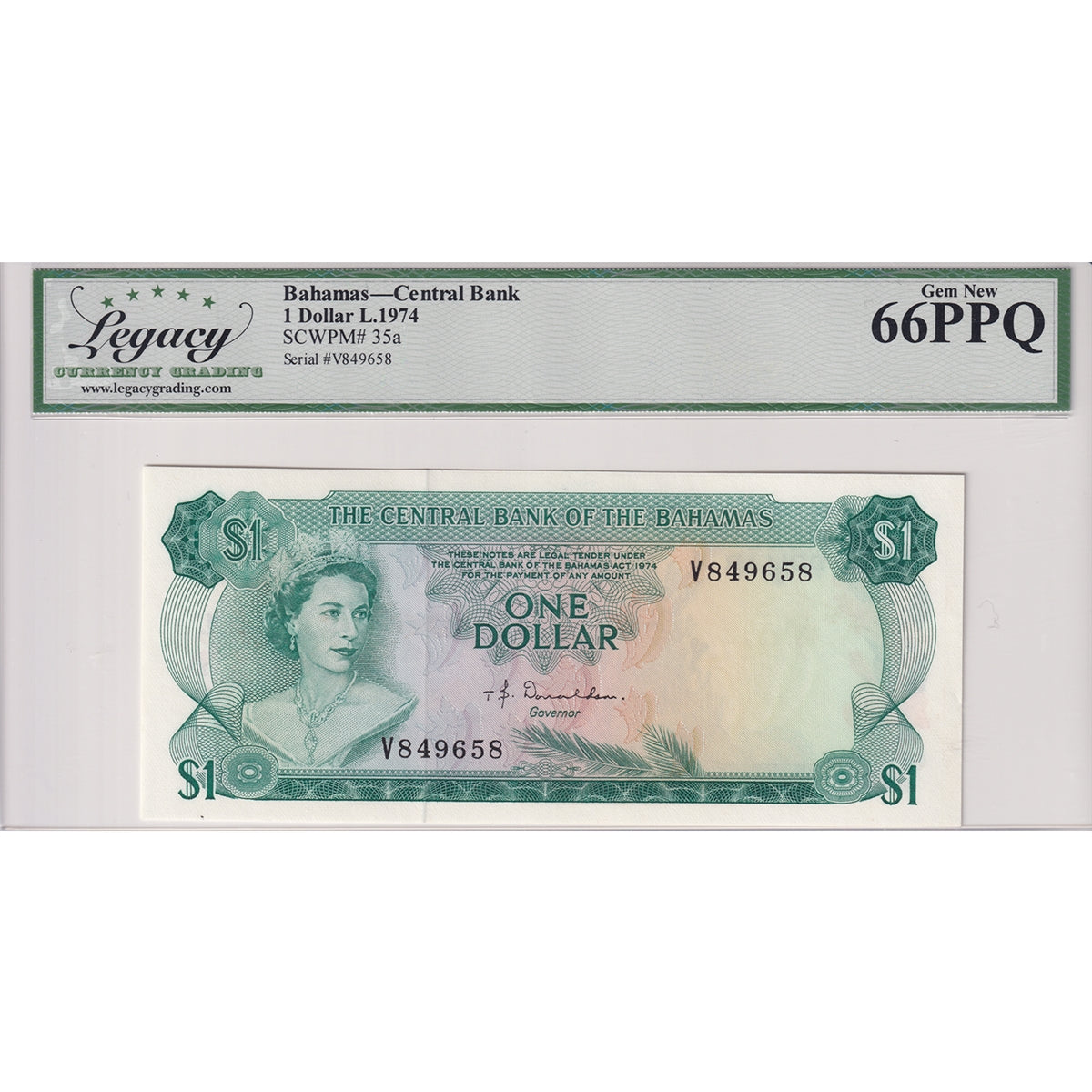 Bahamas Note, 1974 1 Dollar, Pick #35a, Legacy Certified GUNC66 PPQ
