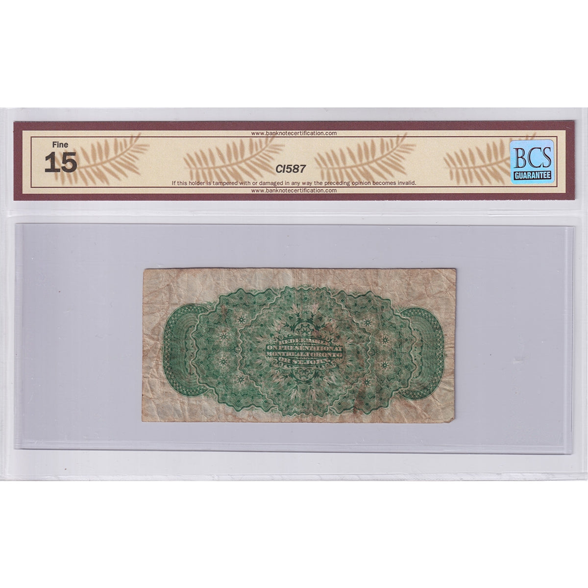 DC-1c 1870 Dominion 25-cent Shinplaster, Plain, BCS Certified F15 (Holes, Stain)